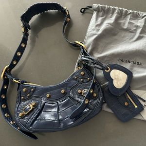 Balenciaga XS Le Cagole Croc-Embossed Leather Shoulder Bag in Navy